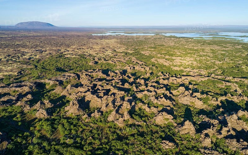 Aerial view of the lava field Dimmuborgir with the lake Myvatn