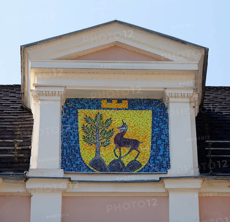 City coat of arms of Bad Ischl at the congress and theatre house in the spa gardens