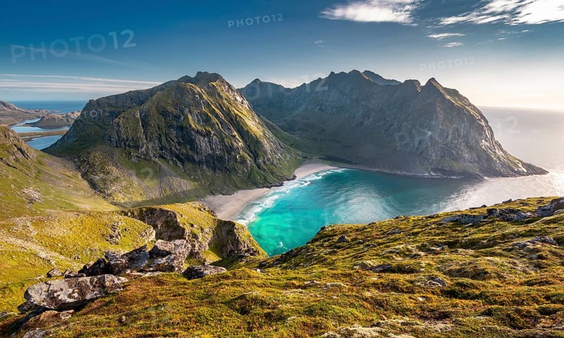 View from the summit to Kvalvika beach and wide sea