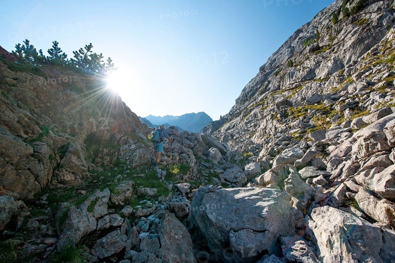 Hiker in karst landscape