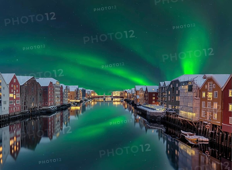 Northern Lights Bakklandet historical warehouses Trondheim Norway