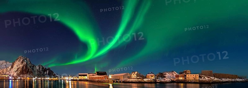 Northern lights in Svolva Panorama Lofoten Norway