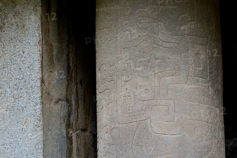 Columns with reliefs in the ruins of Chavin de Huantar