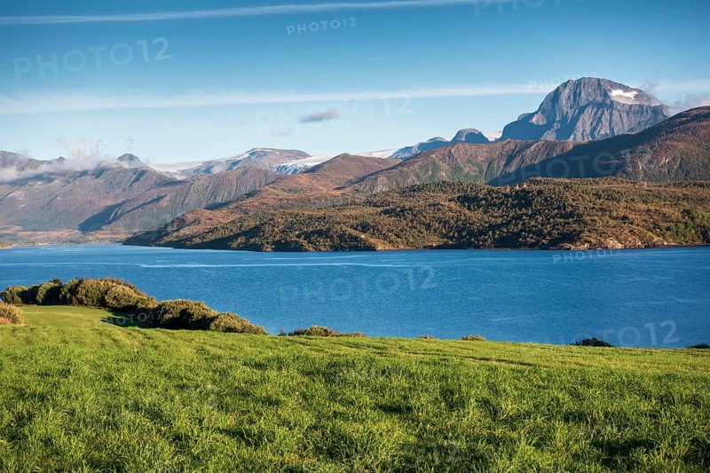Green pasture in front of a fjord