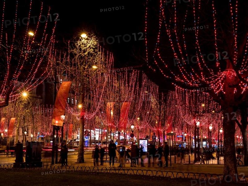 Night shot of the Christmas illumination of the Avenue des Champs-Elysees