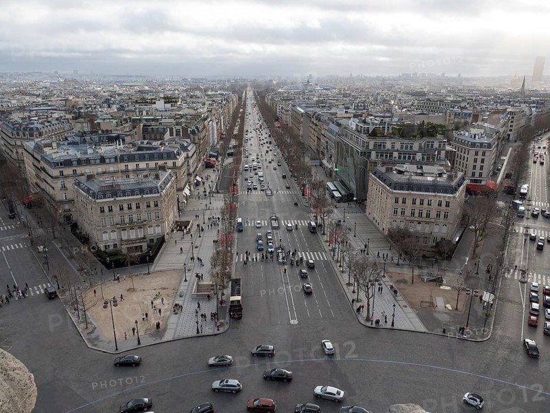 Panoramic view of the Avenue des Champs-Elysees from the Arc de Triomphe de l'Etoile