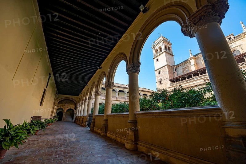 View of the church tower through arcades