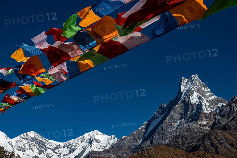 Machapuchare with Buddhist prayer flags