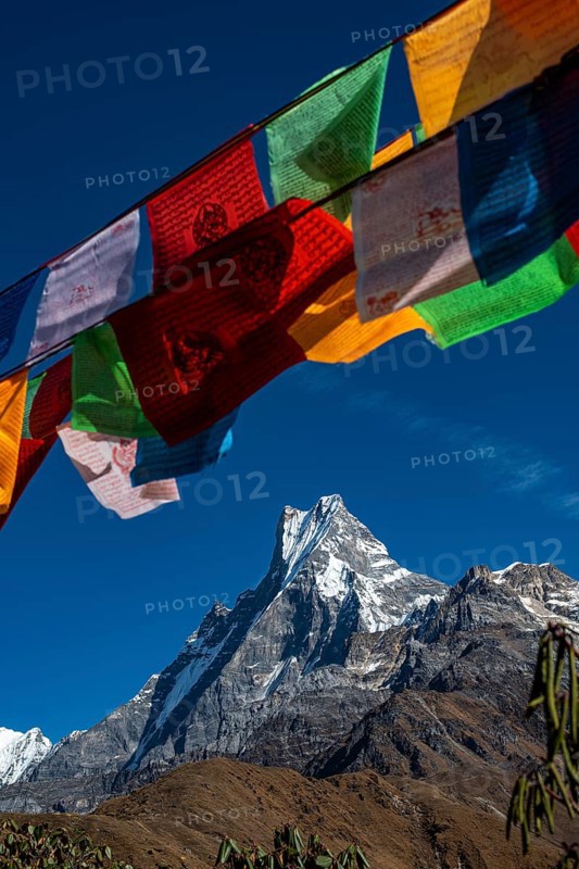 Machapuchare with Buddhist prayer flags