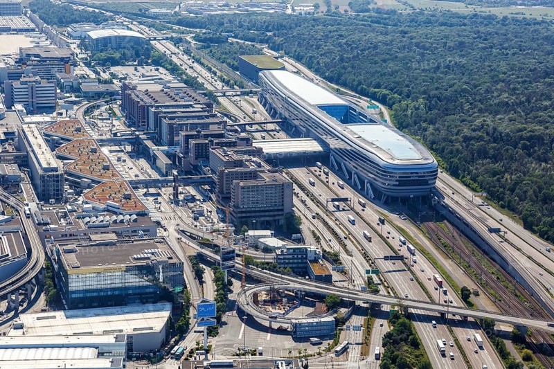 Aerial view The Squaire building and motorway A3 at Frankfurt Airport FRA