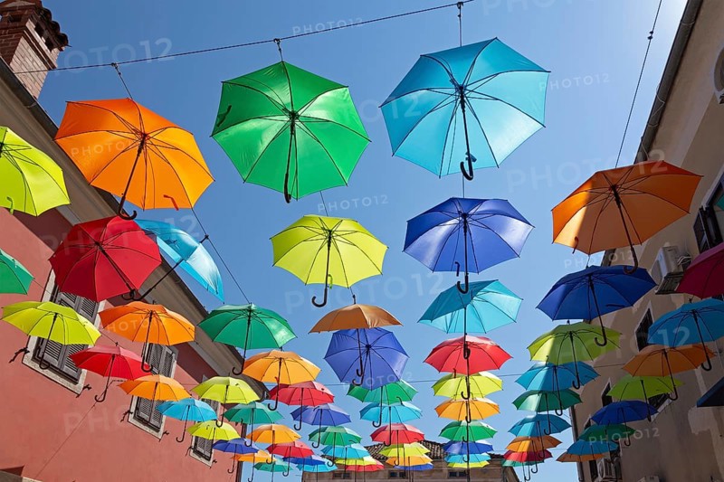 Colourful umbrellas suspended over a street