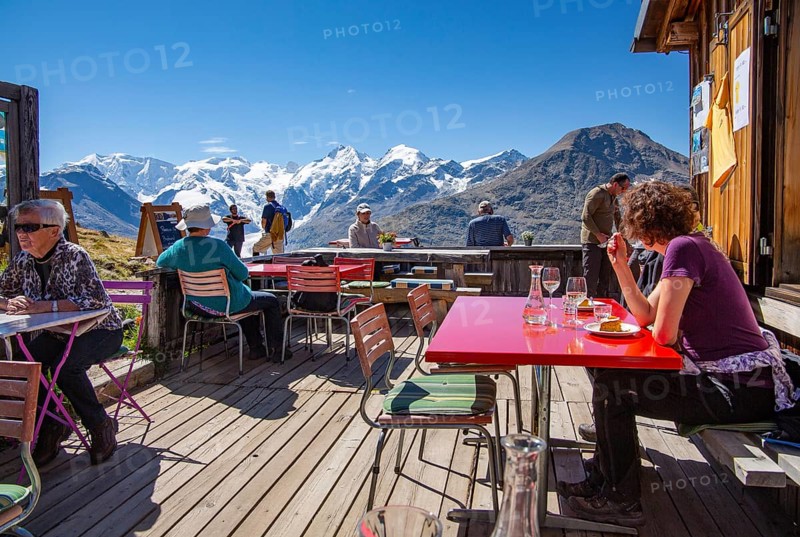 Sun terrace of the Paradise Hut with Piz Palue
