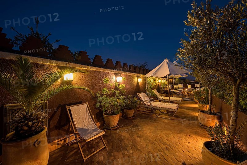 Roof terrace of a riad in the evening light