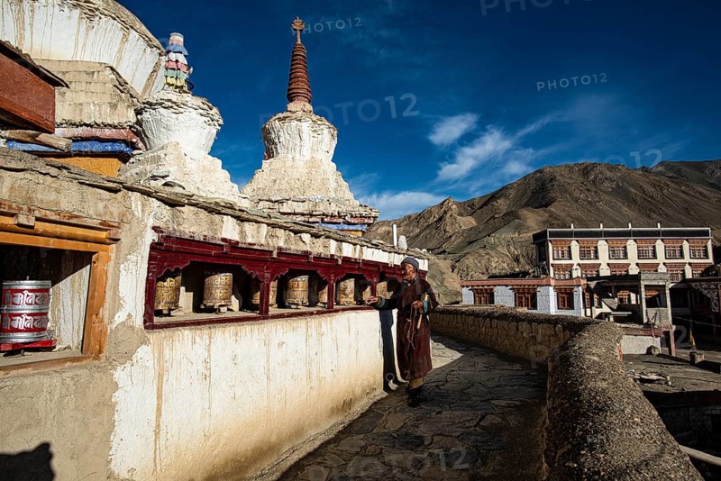 Buddhist prayer wheels and stupas at Lamayuru Monastery