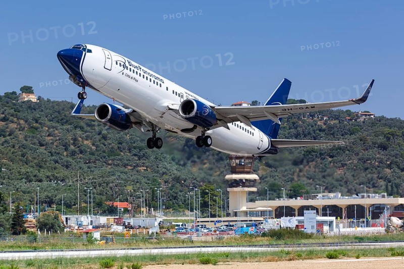 A Boeing 737-800 of Blue Panorama with the registration number 9H-GAW at Skiathos Airport