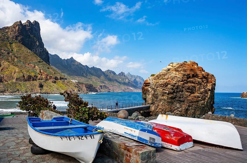 Steep coast in the Anaga mountains with beach section Playa de Roque de las Bodegas near the village of Taganana