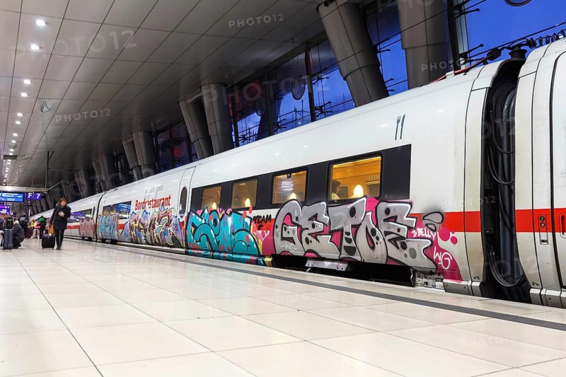 ICE train with graffiti in the station of Frankfurt Airport
