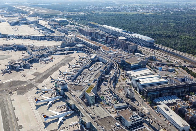 Aerial view of Terminal 1 and Lufthansa aircraft at Frankfurt Airport FRA during the Coronavirus Corona Virus COVID-19