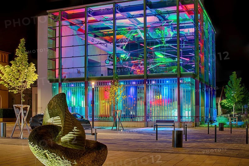 Helicopter museum colourfully illuminated