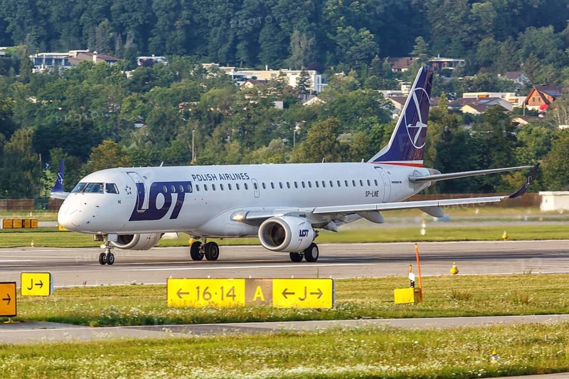 An Embraer 195 aircraft of LOT Polish Airlines with registration mark SP-LNE at Zurich Airport