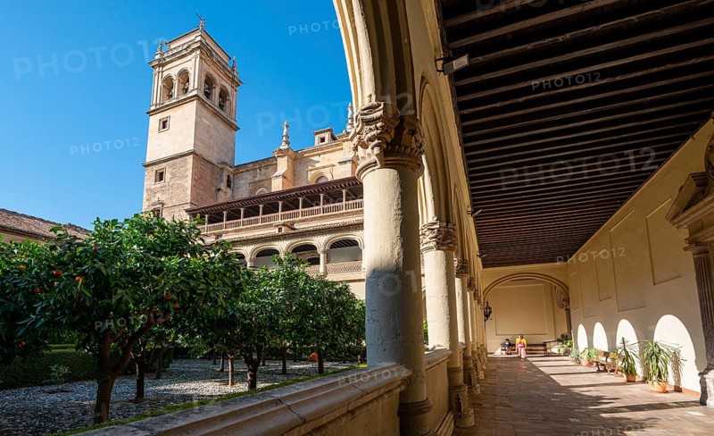 View of the church tower through arcades