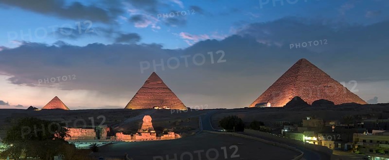 The three main pyramids and sphinx during sound and light show