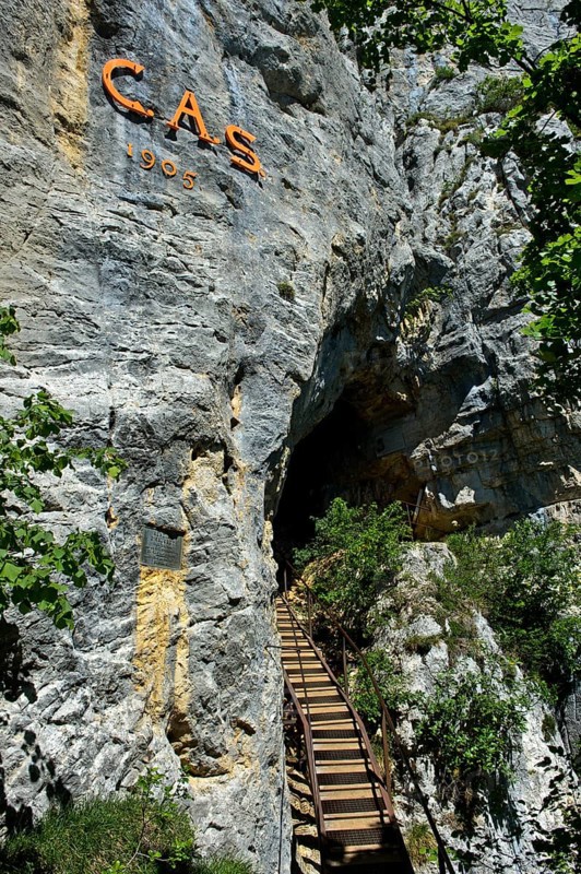 At the entrance to the Orjobet cave on the Orjobet geological trail to the summit of Mont Saleve