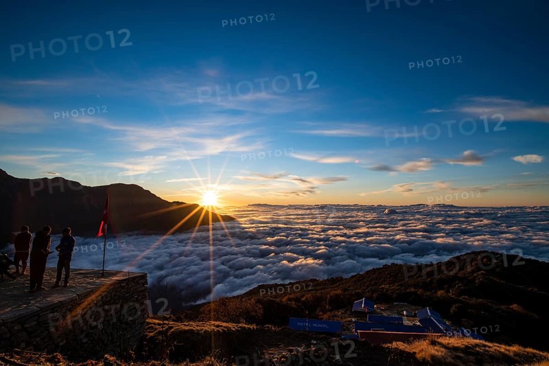 Sunrise over cloud cover in the high camp of Machapuchare