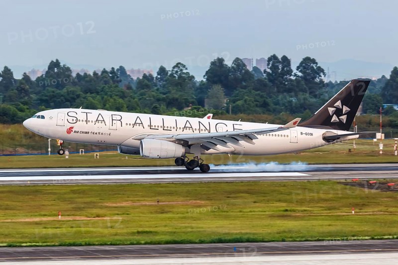 An Air China Airbus A330-200 aircraft with registration number B-6091 at Chengdu Airport
