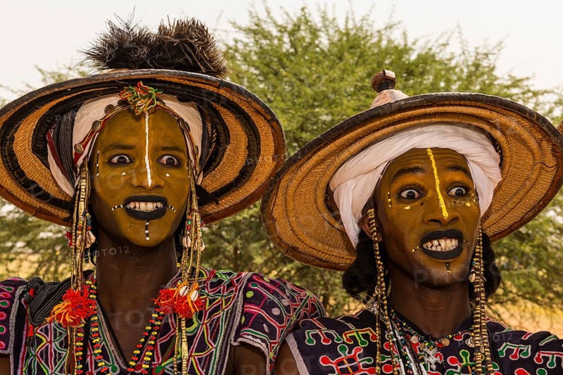 Wodaabe-Bororo men with faces painted at the annual Gerewol festival
