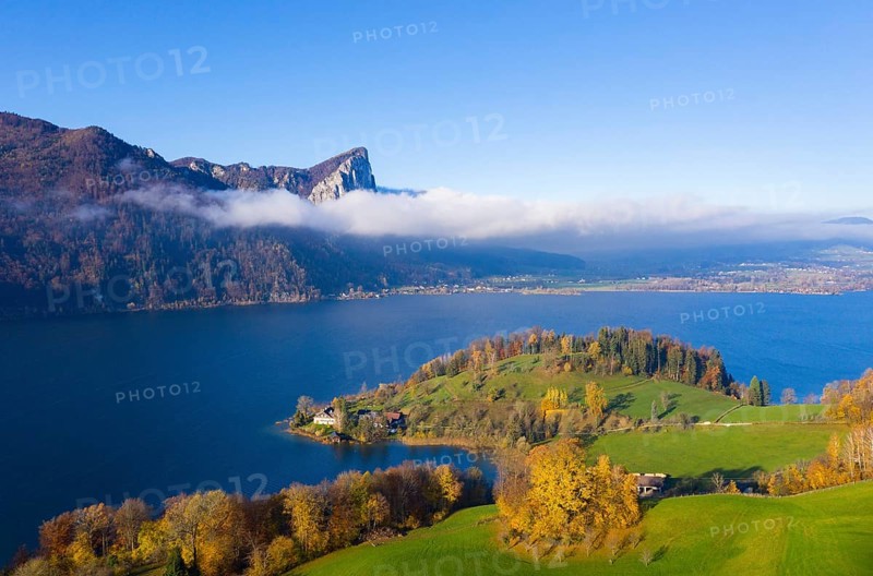 View from Pichl Auhof to the Mondsee lake and dragon wall