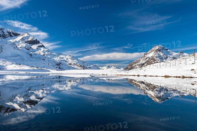 Snowy landscape reflected in Lago Bianco