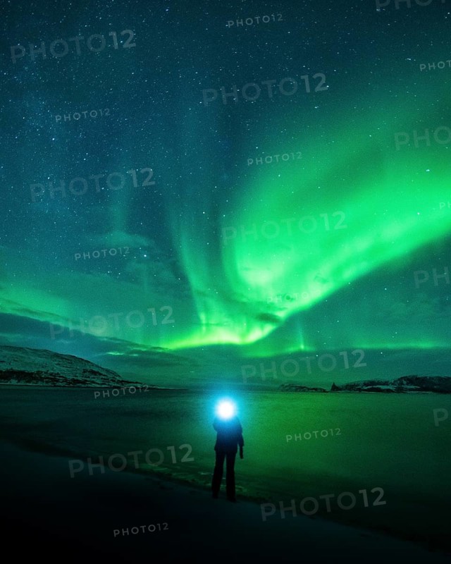 Northern lights over a Norwegian fjord with person and headlamp