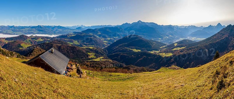 Alpine panorama from the Scheibenkaser Almhuette to the Berchtesgadener Alps