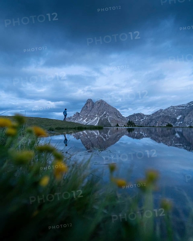Peitlerkofel with reflection in small lake and flowers