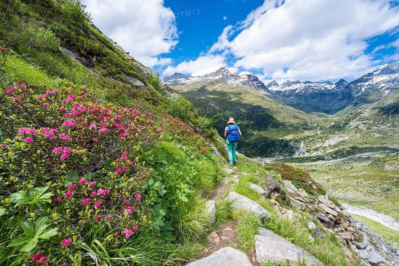 Hiker on the descent from the Schoenbichler Horn to the Berliner Huette
