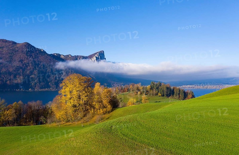 View from Pichl Auhof to the Mondsee lake and dragon wall