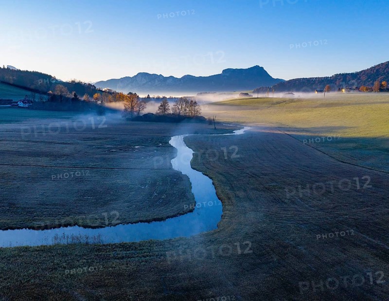 Outflow of the Zellerache from the Irrsee lake with view into the Mondseeland