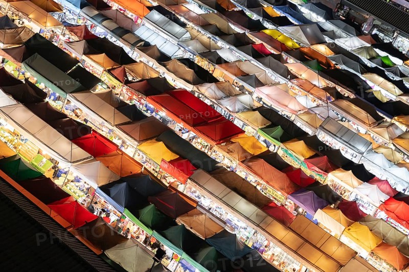 Colourful tent roofs from a night market in Bangkok