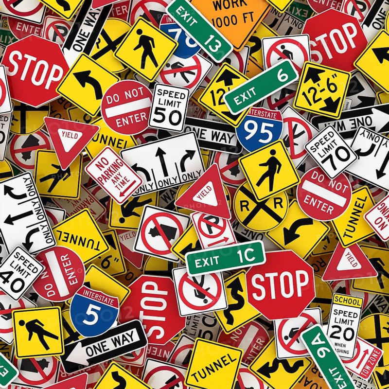 3D illustration of North American road signs like stop signs