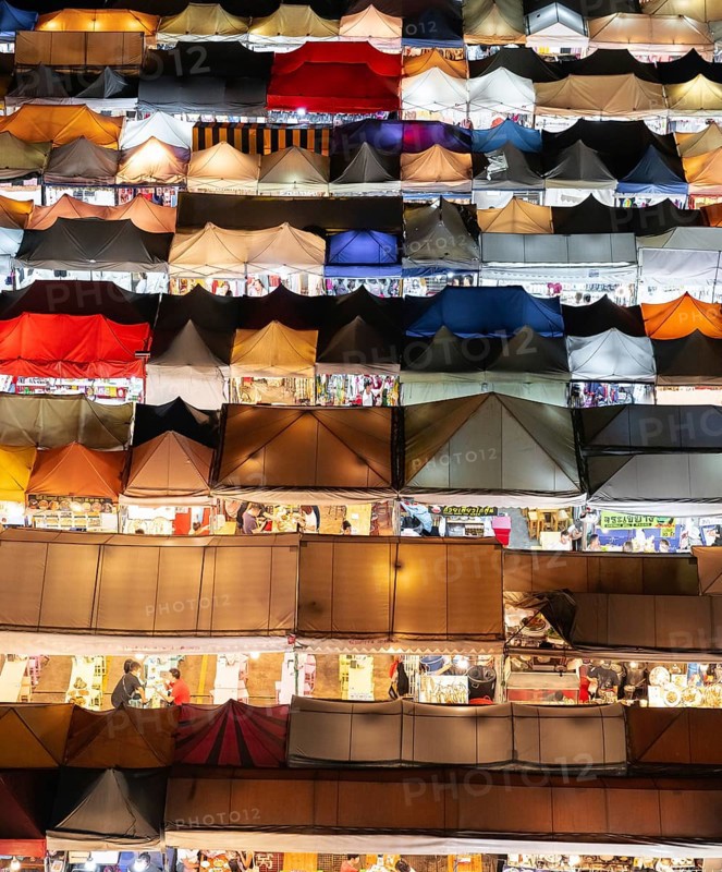 Colourful tent roofs from a night market in Bangkok
