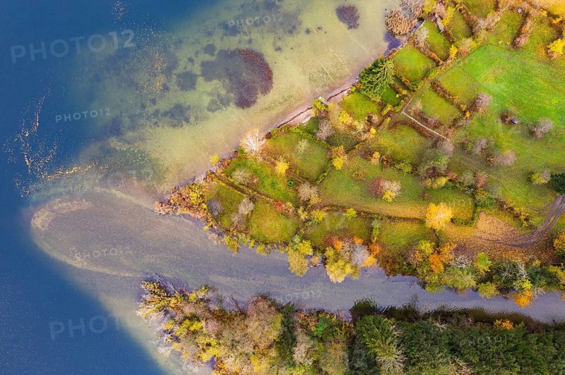 River delta of the Wangauer Ache into the Mondsee with autumnally discoloured mixed forest