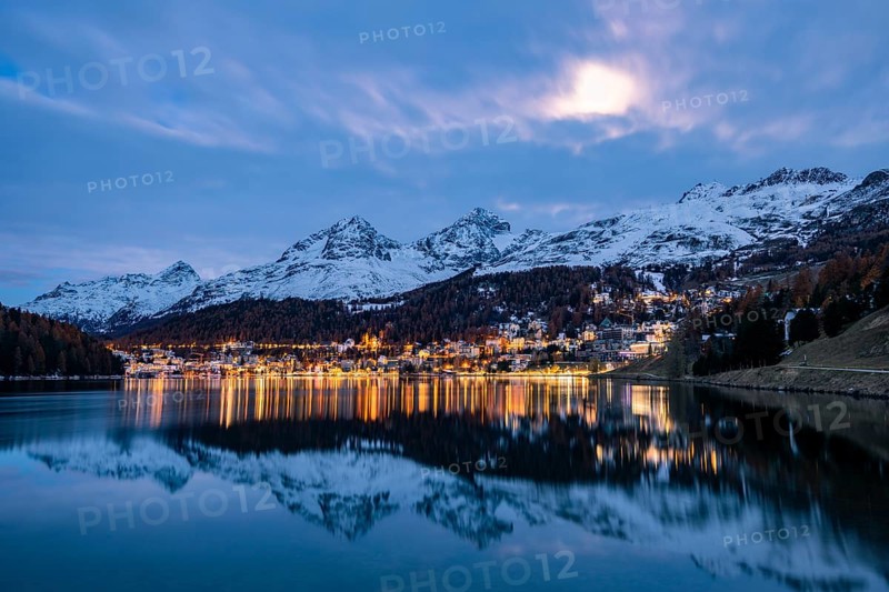 St. Moritz reflected in the St. Moritz lake at dusk