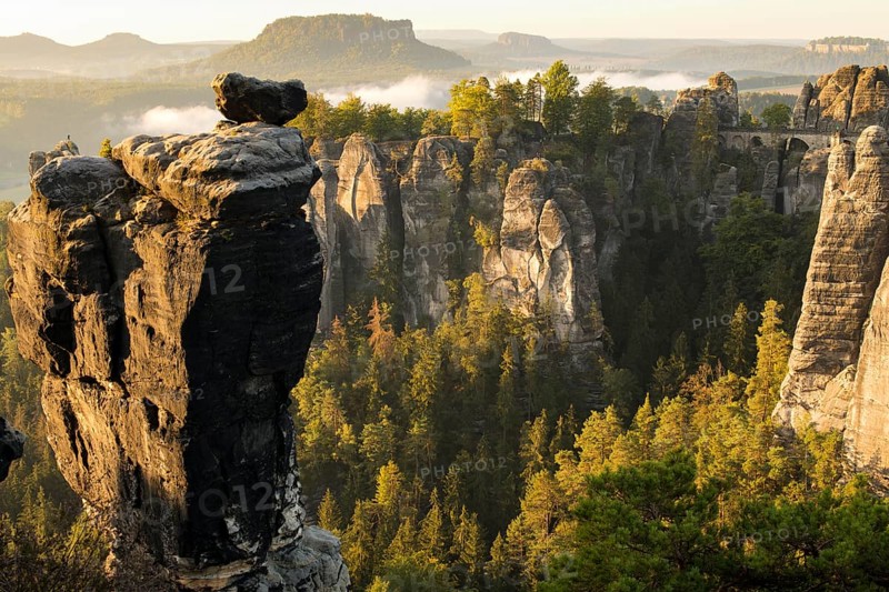 View of the Bastei with Wehlnadel and Wehlgrund to the Lilienstein at sunrise