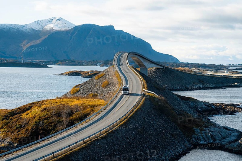Campervan on the island connecting road Atlantic Ocean Road