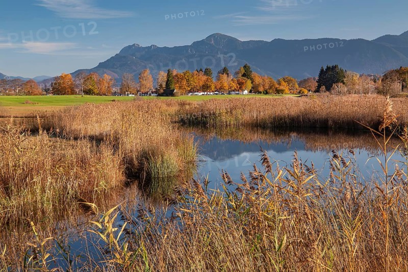 Autumn landscape on the river Ach with Herzogstand and Heimgarten