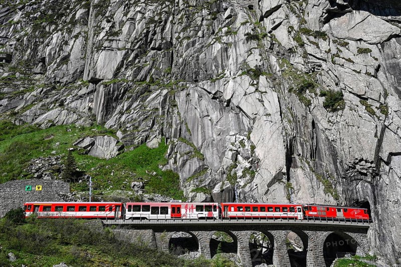 Matterhorn Gotthard Bahn on a stone bridge