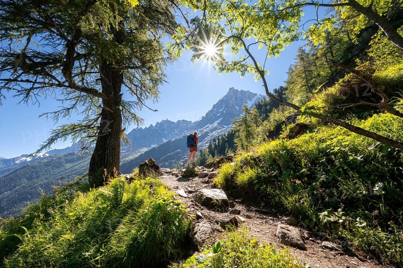 Hiker on trail through the forest to La Jonction