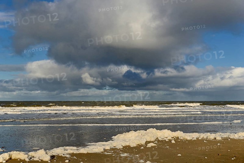 Waves on a sandy beach with foam formation