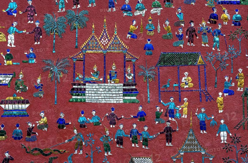 Glass mosaic with scenes from the parable of Siaosawat
